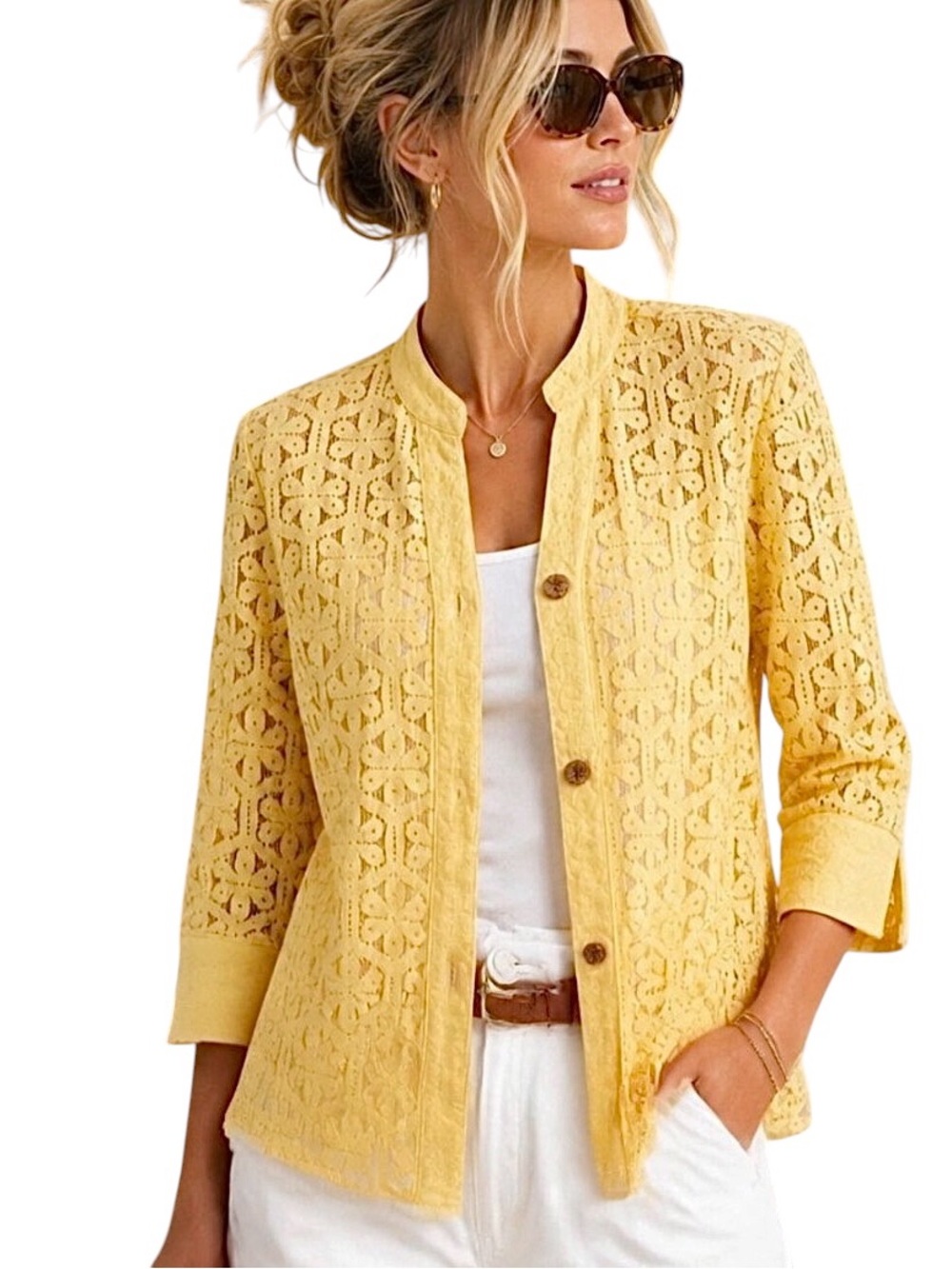 Butter Yellow Crochet Geometric Lace Mandarin Collar Button-Front Layering Shirt